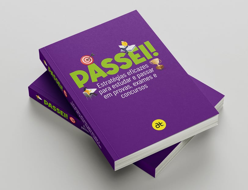 Capa do ebook PASSEI!, com fundo roxo e ícone de alvo